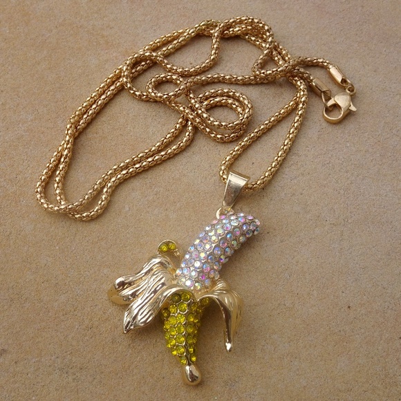 Iridescent Yellow Jewel Tropical Banana Long Summer Statement Necklace - Picture 4 of 8